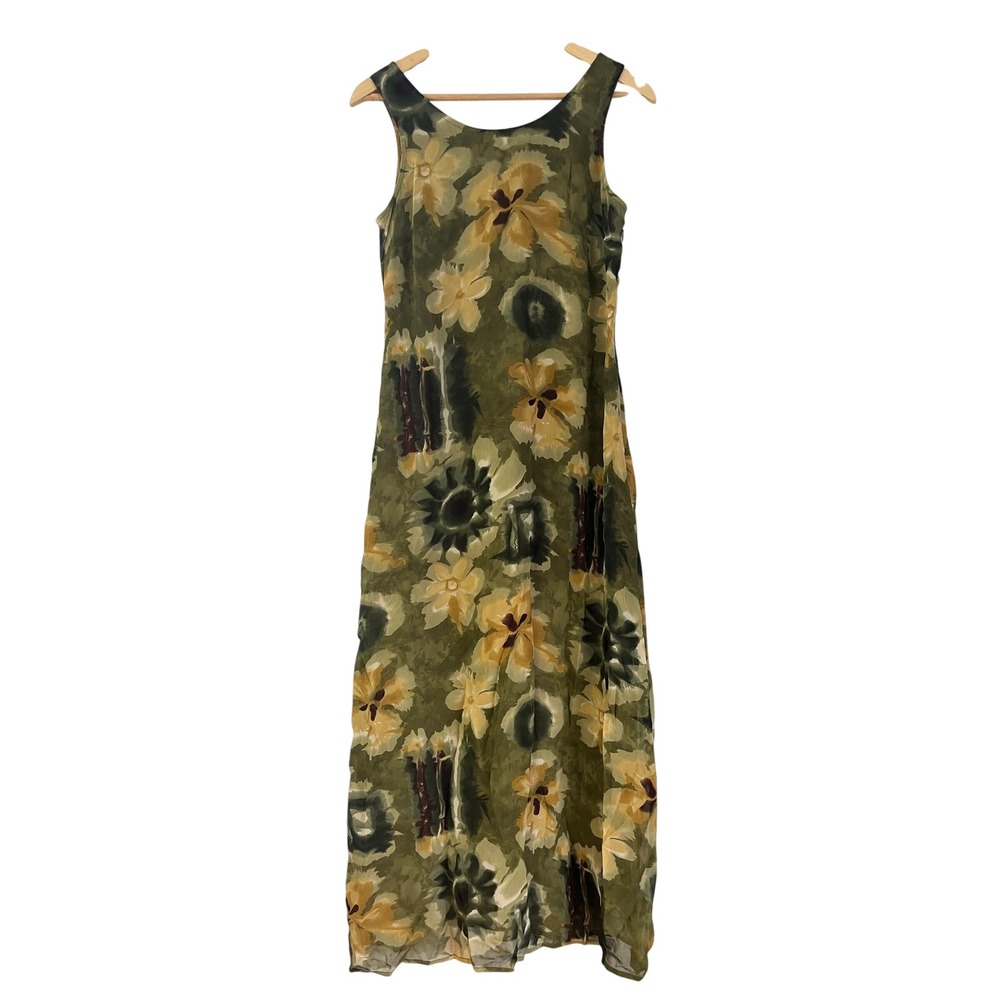 Vintage San Francisco Olive Green Floral Rayon Maxi Dress Size 9
